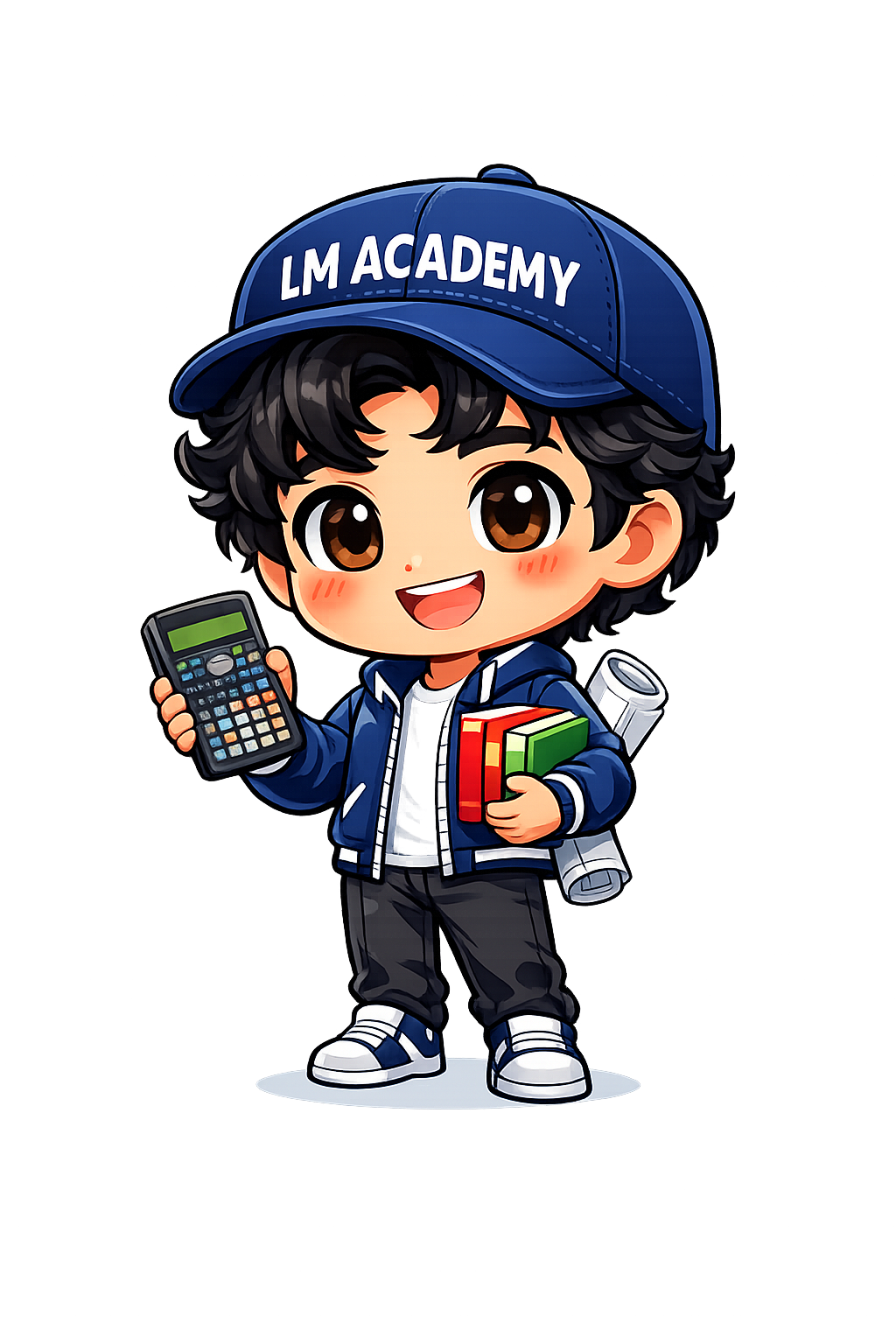 Mascota oficial de LM Academy con su calculadora, libros y planos